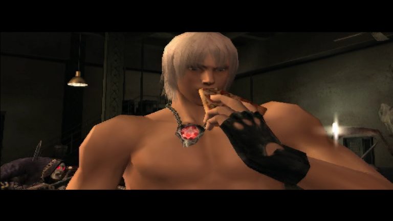 Dante aus Devil May Cry 3 genießt ein Stück Pizza in einer ikonischen Zwischensequenz.