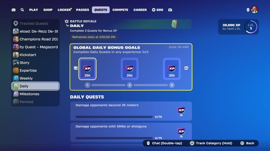 Fortnite Quests mit Kategorien Daily, Weekly, Milestones, Story, Expertise und mehr