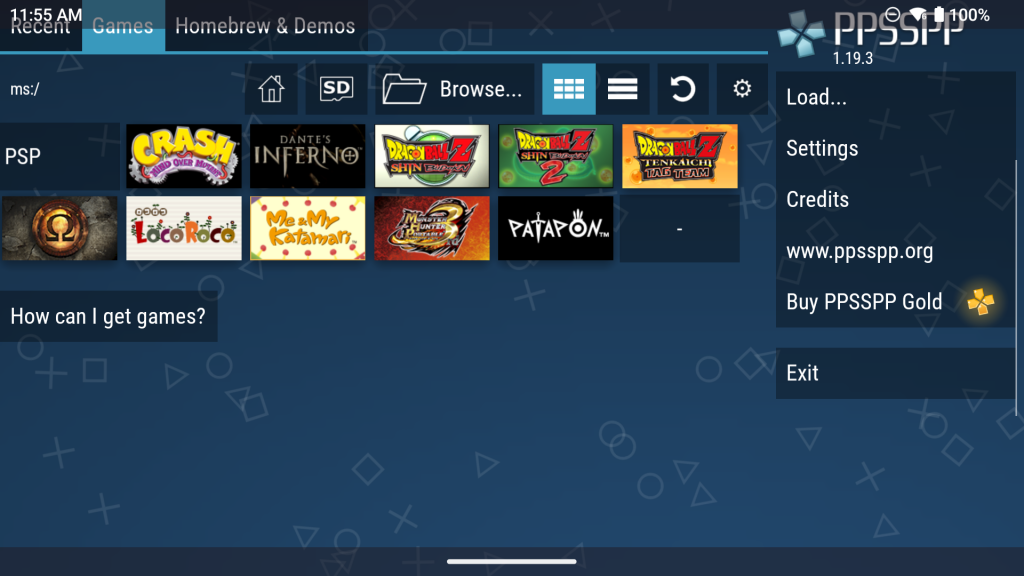 PPSSPP Emulator mit einer Übersicht von PlayStation-Portable-Spielen. Sichtbar sind Klassiker wie Monster Hunter Freedom Unite, God of War Chains of Olympus und diverse weitere PSP-Hits. Die Oberfläche zeigt Spieleliste und Optionen für Upscaling und Texture Mods, die moderne PSP-Emulation ermöglichen.