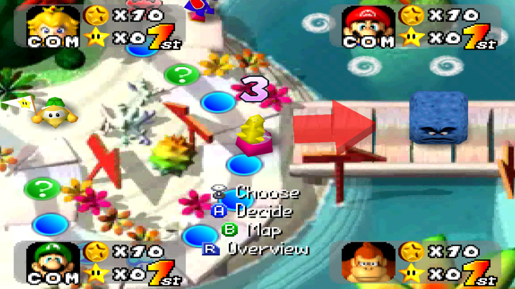 Mario Party auf dem Nintendo 64 mit klassischem Brettspiel-Board und Würfelwurf. Peach ist an der Reihe.