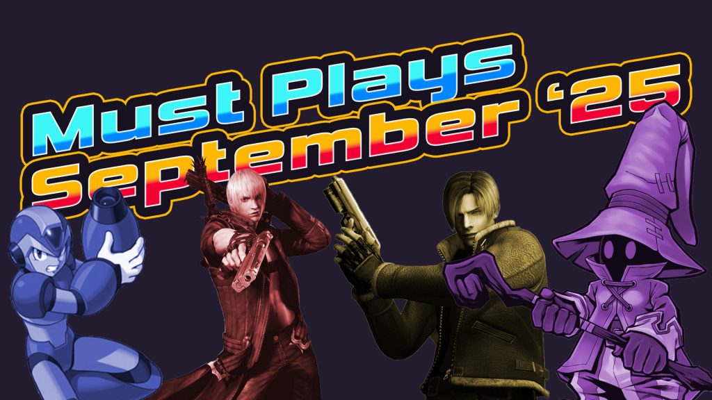 Retro Must-Plays September 2025: Collage mit Mega Man X, Dante aus Devil May Cry 3, Leon aus Resident Evil 4 und Vivi aus Final Fantasy IX.
