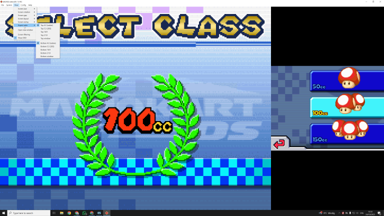 Hauptmenü von Mario Kart DS auf dem PC mit dem MelonDS Emulator. Zu sehen ist die Auswahl des 100cc Cups, dargestellt auf beiden Nintendo DS Screens.