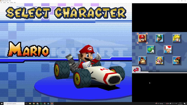 Charakterauswahl in Mario Kart DS, dargestellt auf dem MelonDS Emulator für PC. Die Figuren werden in höherer Auflösung und mit verbessertem 3D-Rendering angezeigt.