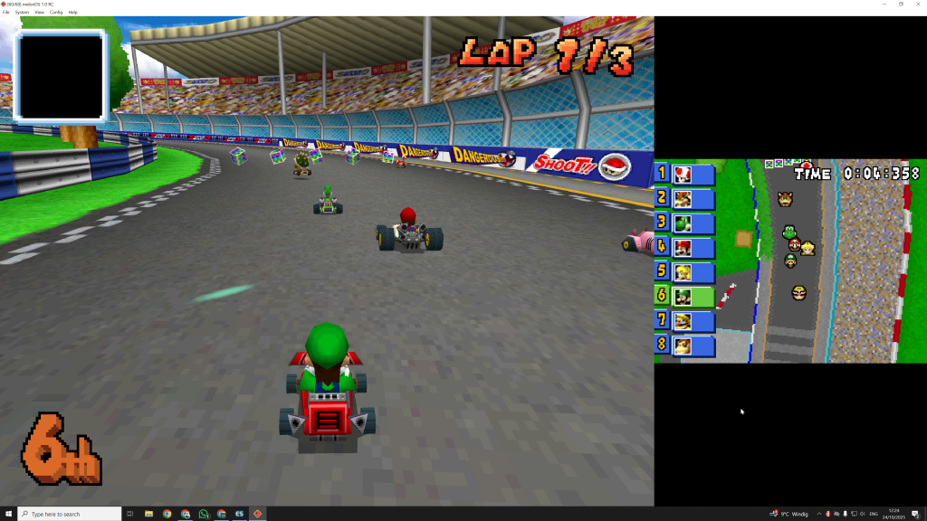 Nintendo DS Spiel Mario Kart DS läuft auf dem PC über den MelonDS Emulator. Zu sehen ist ein Rennen auf dem Bildschirm mit erhöhter Auflösung und flüssiger Performance.