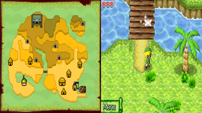 Zelda Phantom Hourglass auf dem Nintendo DS, gespielt über den MelonDS Emulator auf dem PC. Link erkundet eine Insel, während die Karte auf dem zweiten Bildschirm angezeigt wird.