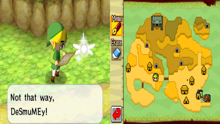Screenshot aus Zelda Phantom Hourglass auf dem DeSmuME Emulator. Link betrachtet die Karte, während der Emulator die beiden DS-Bildschirme nebeneinander rendert.