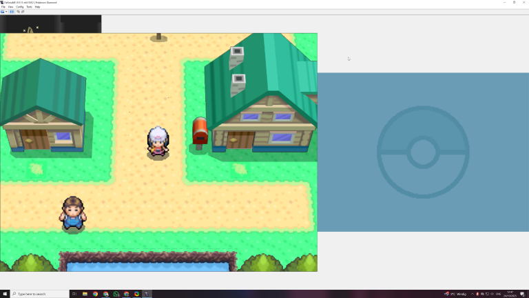 Pokémon Diamant läuft auf dem PC mit dem DeSmuME Emulator. Der Spieler befindet sich vor einem Haus in Zweiblattdorf, die Darstellung ist klar und hochskaliert.