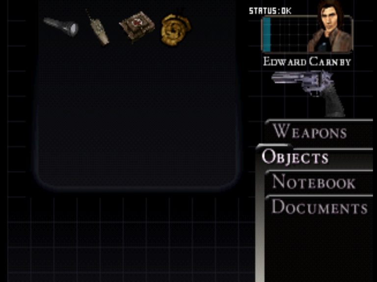 Alone in the Dark The New Nightmare PS1 – Inventarmenü von Edward Carnby mit Taschenlampe, Funkgerät und Revolver