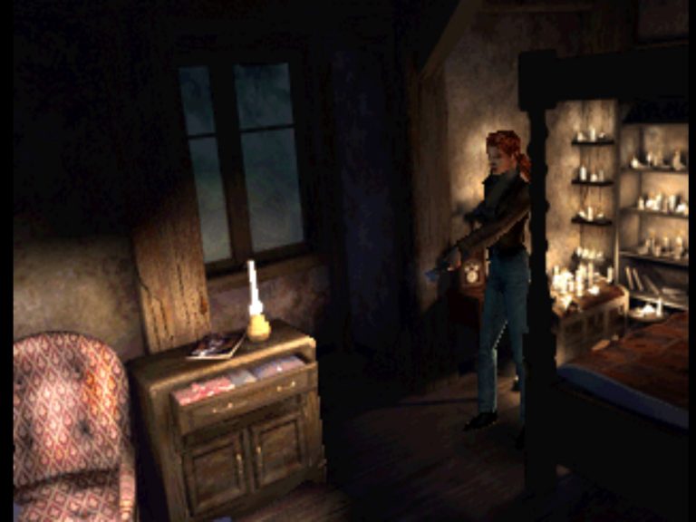 Alone in the Dark PS1 – Aline Cedrac mit Taschenlampe im Kerzenzimmer auf Shadow Island