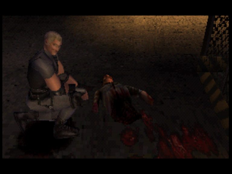 Dino Crisis PS1 – Einsatzteam entdeckt blutige Leiche am Zaunbereich der Anlage