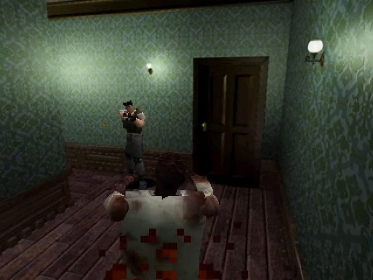 Resident Evil PS1 – Zombie greift im engen Herrenhaus‑Flur an, klassischer Fixed‑Camera‑Shot