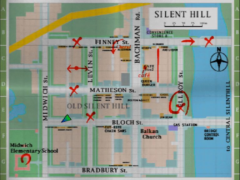 Silent Hill PS1 – Stadtkarte mit handschriftlichen Markierungen, gesperrten Straßen und Zielpunkten