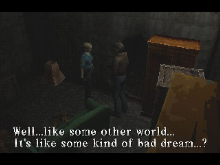 Silent Hill PS1 – Dialog über die Otherworld, Harry Mason und Cybil Bennett im düsteren Raum
