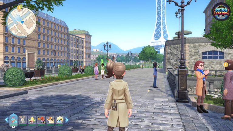 Straßenszene in Lumiose City aus Pokémon Legenden Z-A: Die Trainerin steht auf einer breiten Allee mit Passanten und modernen Gebäuden im Hintergrund. Im Vordergrund erkennt man Pflanzen, Laternen und die von Paris inspirierte Architektur der Stadt. Der Screenshot zeigt die technische und visuelle Qualität der Spielwelt.