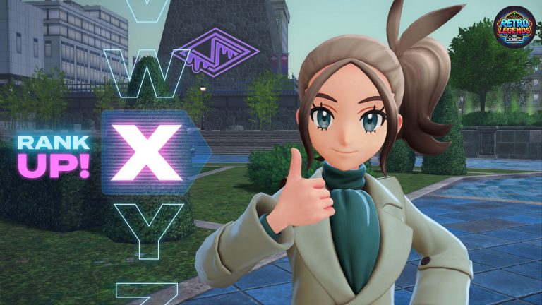 Screenshot aus Pokémon Legenden Z-A: Die Trainerin Addy hebt den Daumen nach einem Sieg, während auf dem Bildschirm „Rank Up!“ erscheint. Im Hintergrund ist die Stadt Lumiose zu sehen, daneben die Rangsymbole W, X und Y.