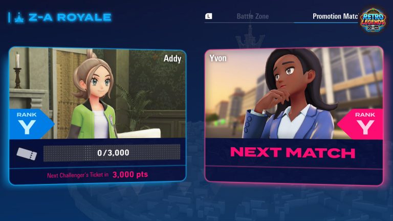 Menüansicht des Z-A Royal Rangsystems aus Pokémon Legenden Z-A: Die Trainerin Addy steht auf Rang Y und bereitet sich auf das nächste Match gegen Yvon vor. Die Anzeige zeigt, dass 3.000 Punkte benötigt werden, um den nächsten Herausforderer freizuschalten.