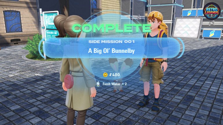 Screenshot einer abgeschlossenen Nebenmission in Pokémon Legenden Z-A: Die Trainerin spricht mit einem NPC, während auf dem Bildschirm die Nachricht „Side Mission 001 – A Big Ol’ Bunnelby“ erscheint. Im Hintergrund sieht man die Straßen von Lumiose City. Das Bild verdeutlicht den typischen Ablauf von Nebenquests und deren Belohnungssystem.