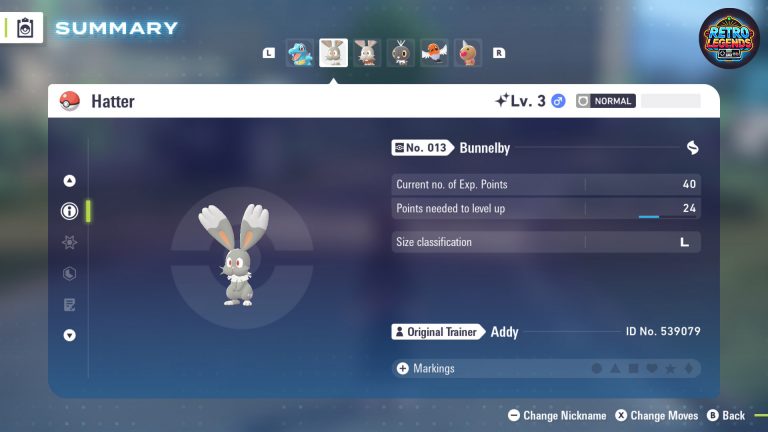 Statusbildschirm von Bunnelby in Pokémon Legenden Z-A: Der Spieler öffnet die Übersicht mit Level, Erfahrungspunkten und Statistiken. Bunnelby trägt den Spitznamen „Hatter“ und wurde vom Originaltrainer Addy gefangen. Der Screenshot dokumentiert den ersten Shiny-Fund des Spiels.