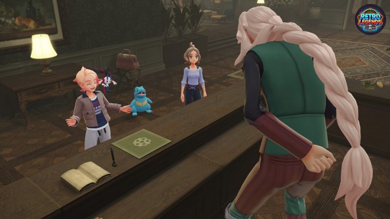 Dialogszene in Pokémon Legenden Z-A: Die Trainerin Addy steht mit Urbain und ihrem Totodile an der Rezeption von Hotel Z, wo sie erstmals auf AZ trifft. Das stilvolle Interieur mit dunklem Holz und gedämpftem Licht erinnert an klassische Hotels in Paris. Die Szene betont den erzählerischen Fokus auf Charaktere und Atmosphäre.