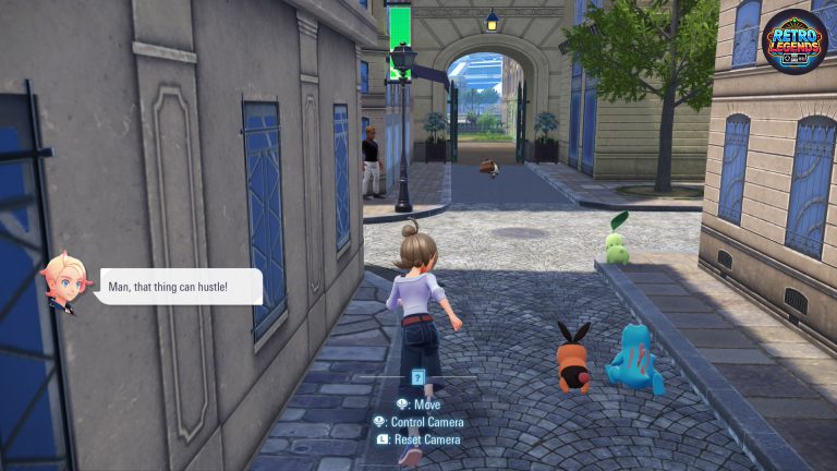 Spielszene aus Pokémon Legenden Z-A: Die Hauptfigur läuft mit ihren Pokémon – darunter Tepig, Totodile und Chikorita – durch eine enge Gasse in Lumiose City. Im Vordergrund ist ein Dialogfenster mit der Figur Urbain zu sehen, der einen Kommentar zur Geschwindigkeit des Pokémon abgibt. Das Bild zeigt, wie dynamisch sich Quests und Erkundung in der Stadt miteinander verbinden.