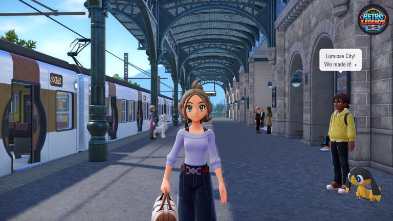 Bahnhofsszene aus Pokémon Legenden Z-A: Eine Trainerin steht mit Reisetasche auf dem Bahnsteig, im Hintergrund halten Züge und mehrere NPCs warten mit ihren Pokémon, darunter Helioptile. Das Design der Station erinnert stark an europäische Architektur und symbolisiert den Start des Abenteuers in Kalos.