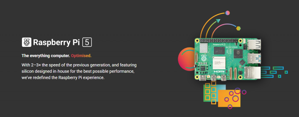 „Raspberry Pi 5 Produktseite mit Beschreibung der verbesserten Performance und Abbildung des Boards