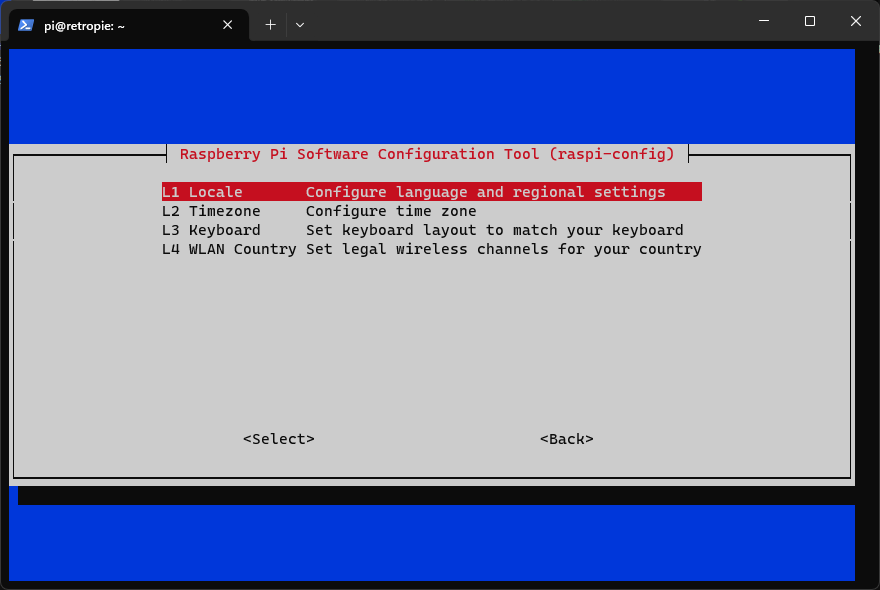 raspi-config Menü für Localisation mit Optionen für Locale, Zeitzone, Tastatur und WLAN-Land