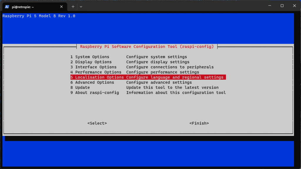 Raspberry Pi Konfigurationsmenü raspi-config mit Optionen für System, Display, Interfaces und Localisation