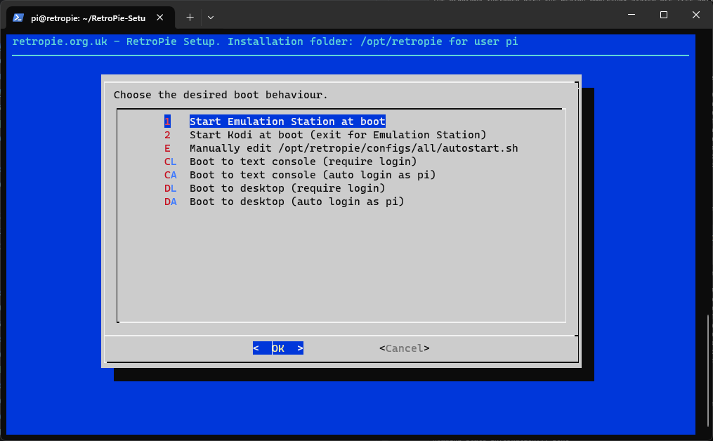 RetroPie Setup Menü Autostart mit Auswahl Start EmulationStation beim Booten