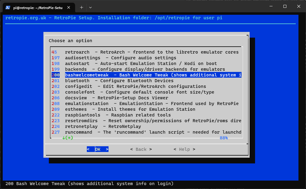 RetroPie Setup Menü mit ausgewählter Option Bash Welcome Tweak zur Anzeige zusätzlicher Systeminfos beim Login