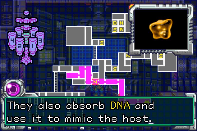 Missionsbildschirm mit Kartenübersicht und Dialog; ein gelbes X-Parasitenblob im Monitorfenster, Text erklärt DNA‑Absorption und Mimikry.