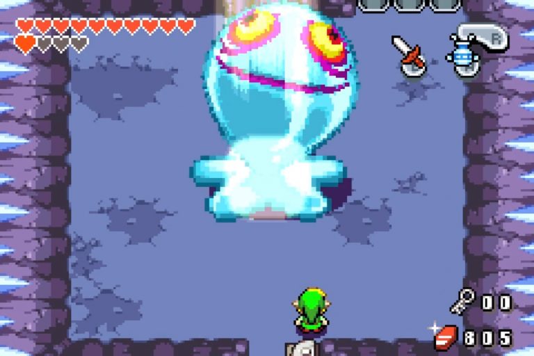 Bossraum mit riesigem blauem Schleimwesen und hypnotischen Augen; Link steht unten vor der Kreatur, oben die Herzleiste, rechts Items im HUD.