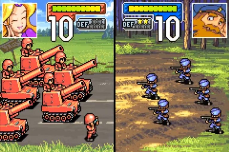 Gefechtsbildschirm im Splitscreen: links rote Panzer mit Kommandant‑Porträt und Lebensanzeige, rechts blaue Infanterie im Wald mit DEF‑Sternen; beide Seiten auf Kampfstart.
