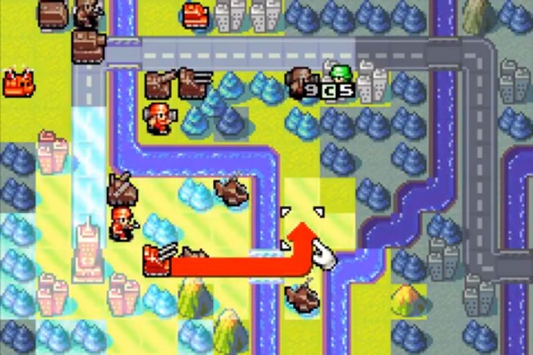 Taktische Kartenansicht mit roten und blauen Einheiten, Flüsse und Straßen, der Cursor zeigt eine Pfeilbewegung für einen Panzerzug; HUD‑Felder, Gelände und Städte sichtbar.