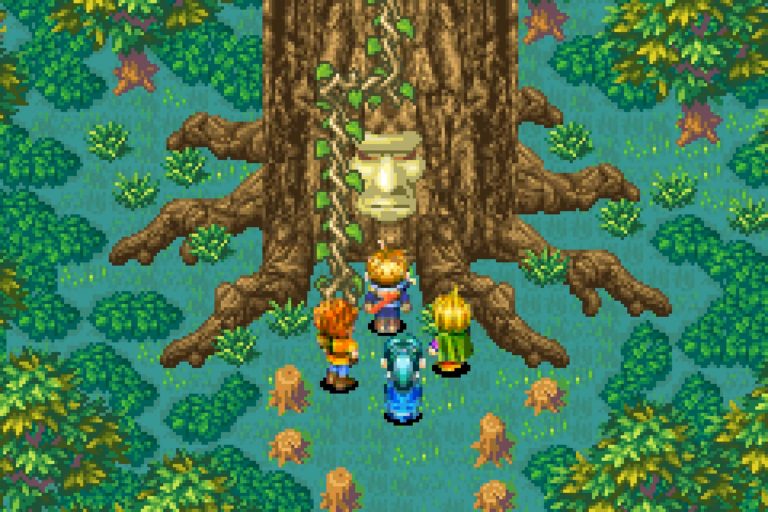 Vier Abenteurer stehen vor einem riesigen Waldbaum mit steinernem Gesicht und Ranken, Licht fällt auf die Wurzelzone.