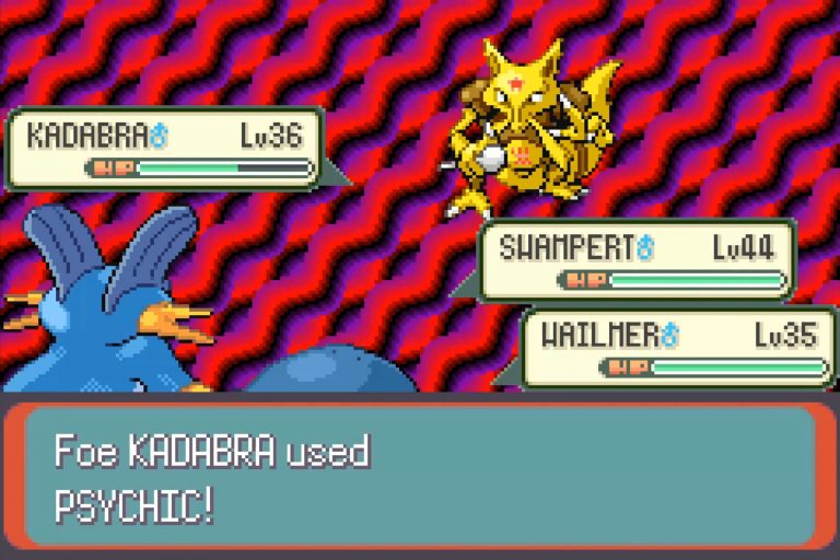 Doppelkampf mit psychedelischem Hintergrund; Kadabra wirkt Psychokinese gegen Swampert und Wailmer, Namen und Levelanzeigen eingeblendet.