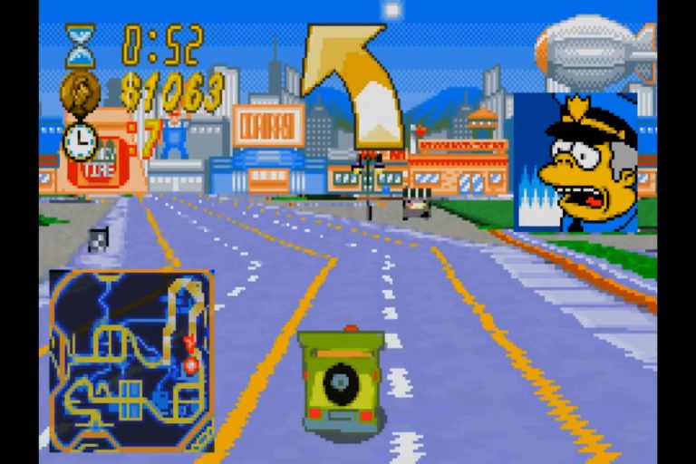 Fahrt durch eine helle Stadtstraße, grünes Taxi mittig, gigantischer Pfeil zur nächsten Abzweigung, rechts ein Charakterporträt; Timer, Geld und Minimap eingeblendet.