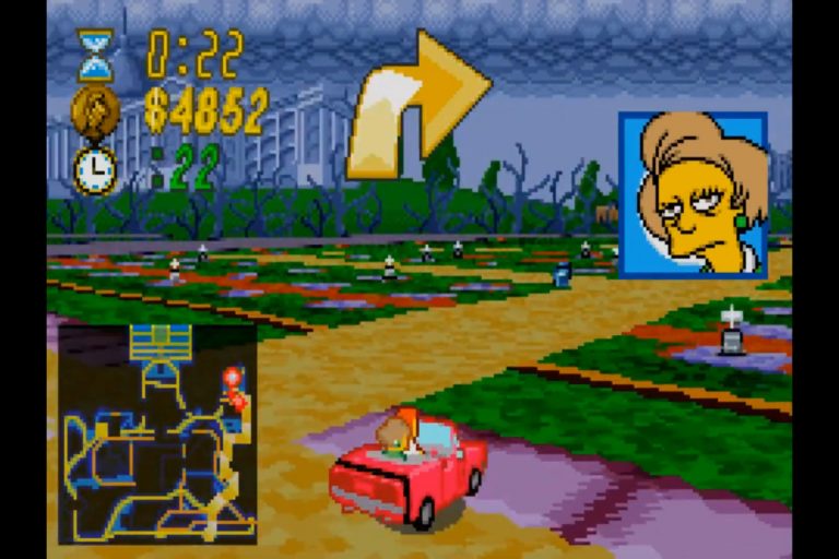 Rotes Taxi in isometrischer Friedhofsarea, dunkler Himmel, großer Richtungs‑Pfeil und Fahrgastporträt rechts, oben Timer und Dollaranzeige, unten Minimap.