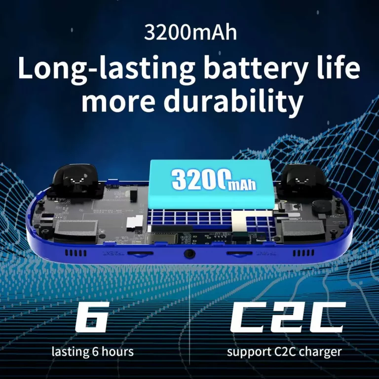 Geöffneter RG40XX H in Blau mit sichtbarer 3200‑mAh‑Zelle; Texthinweise zu Laufzeit „lasting 6 hours“ und USB‑C‑zu‑C‑Laden.