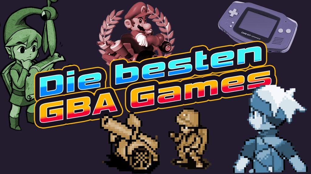 Titelgrafik mit großem Schriftzug „Die besten GBA Games“, flankiert von ikonischen Pixel‑Figuren, einem Game Boy Advance und einem Renn‑Emblem vor dunklem Hintergrund.