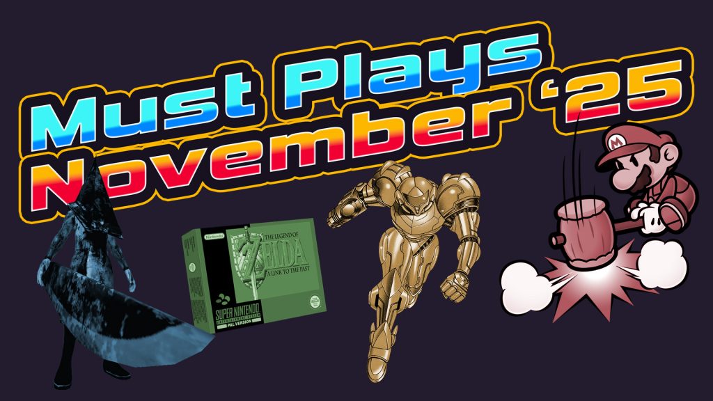 Keyart für Retro Must-Plays November 2025: bunte Überschrift „Must Plays November ’25“ vor dunkelviolettem Hintergrund, Figuren und Motive zu vier Klassikern. Links ein ikonischer Silent-Hill-Gegner mit großem Messer für Silent Hill 2, daneben die grüne SNES-Box von The Legend of Zelda A Link to the Past, in der Mitte goldene Samus Aran aus Super Metroid in Sprungpose, rechts Paper-Mario mit Hammer-Effekt. Fokus auf Retro-Thema SNES, PS2 und GameCube, stimmig für Herbst und lange Gaming-Abende.