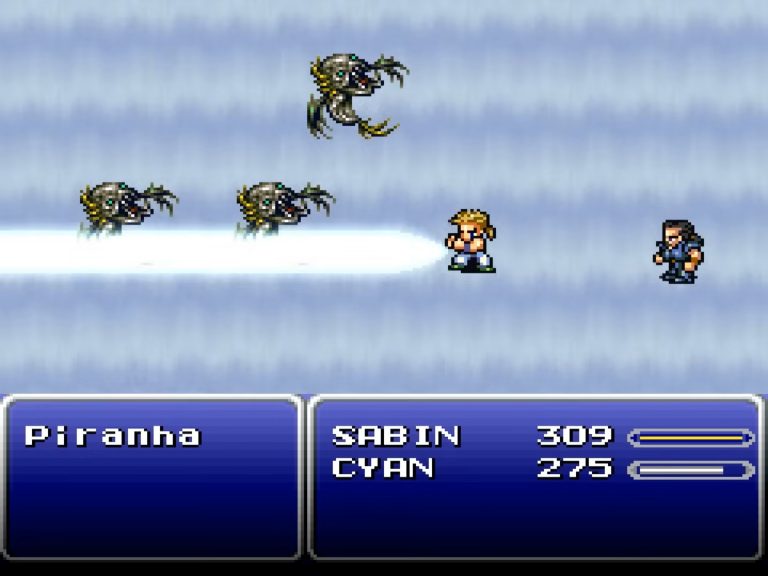 Zwei Charaktere führen in seitlicher Ansicht einen Kampf auf einer sich bewegenden Wasserfläche gegen mehrere Piranha‑Gegner. Ein Energiestrahl durchzieht das Bild.