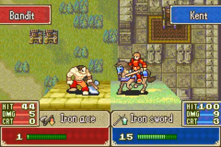 Nahansicht eines Kampfbildschirms, ein Ritter auf Pferd greift mit Schwert einen muskulösen Banditen an. Trefferchance, Schaden und Crit‑Werte werden eingeblendet.