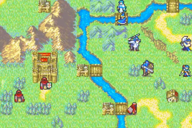 Taktische Übersichtskarte mit Flüssen, Brücken und Burgen. Mehrere Einheiten stehen auf verschiedenen Geländefeldern, die farbig markierten Gegner sichern eine Festung.