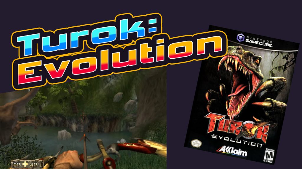 Collage mit dem Schriftzug „Turok Evolution“ in bunten Retrofarben, darunter Gameplay‑Szene mit gespannter Armbrust im Dschungel, daneben das GameCube‑Cover mit fauchendem Dinosaurier. Dunkler Hintergrund hebt Titel und Motiv hervor.