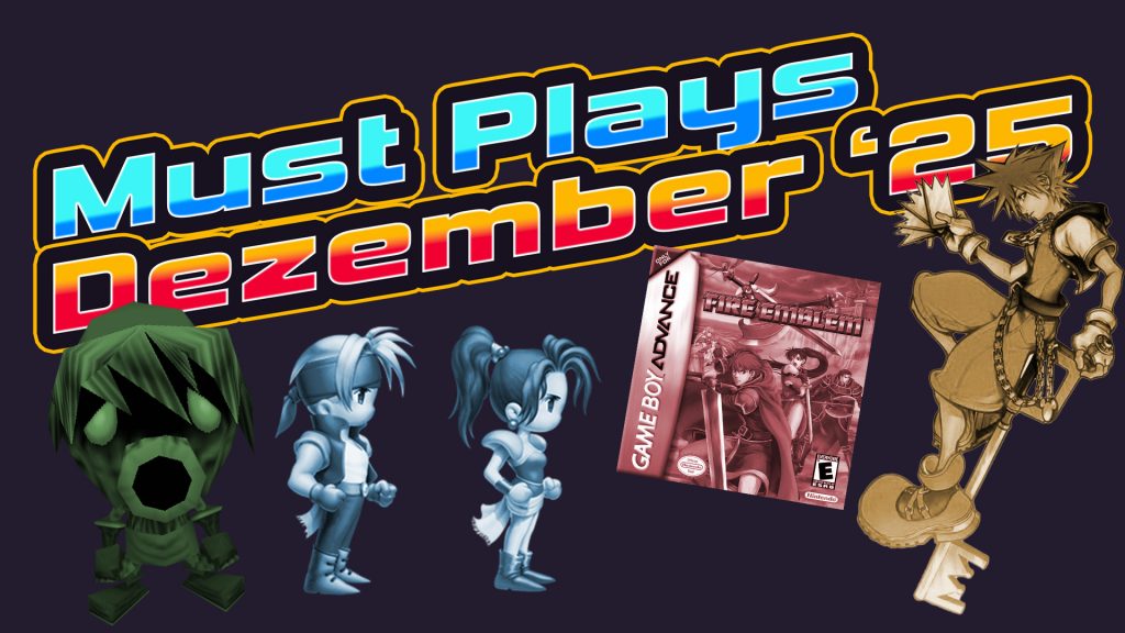 Collage mit Retro‑3D‑Figuren und Game‑Boy‑Advance‑Hülle, darüber bunte Schrift „Must Plays Dezember ’25“ vor dunklem Hintergrund.