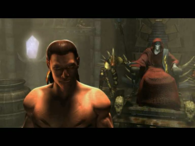 Zwischensequenz in einem finsteren Thronsaal. Ein halbnackter Krieger steht im Vordergrund, im Hintergrund sitzt eine Gestalt in rotem Gewand mit leuchtendem Kristall und Insektoiden an ihrer Seite.