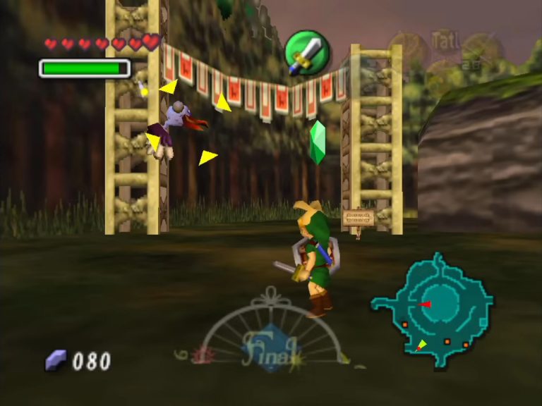 Link zielt mit erhobenem Schwert auf einen maskierten Gegner unter Holzleitern im dämmernden Forst. Die Karte unten rechts zeigt ein rundes Areal mit Wegpunkten.