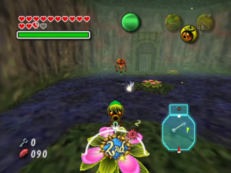 Deku‑Link gleitet mit einer Blume über ein dunkles Wasserbecken, entfernt steht ein Gegner im Nebel, am oberen Bildschirmrand das Herz‑ und Magie‑HUD.