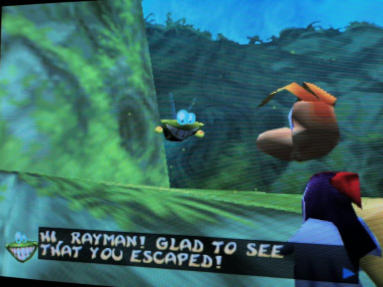 Foto eines TV Bildschirms mit sichtbaren Scanlines, Waldszene aus Rayman 2. Unten ist ein englischer Dialog als Text eingeblendet, vorne rechts ein Charakter von hinten, in der Mitte schwebt eine kleine Figur im Bild.